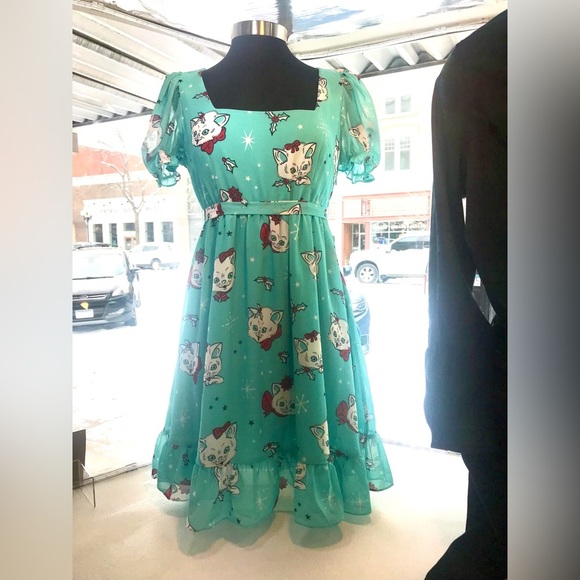 Sourpuss Christmas Kitties Women’s Cream Puff Dress Ice Blue New - Picture 4 of 11